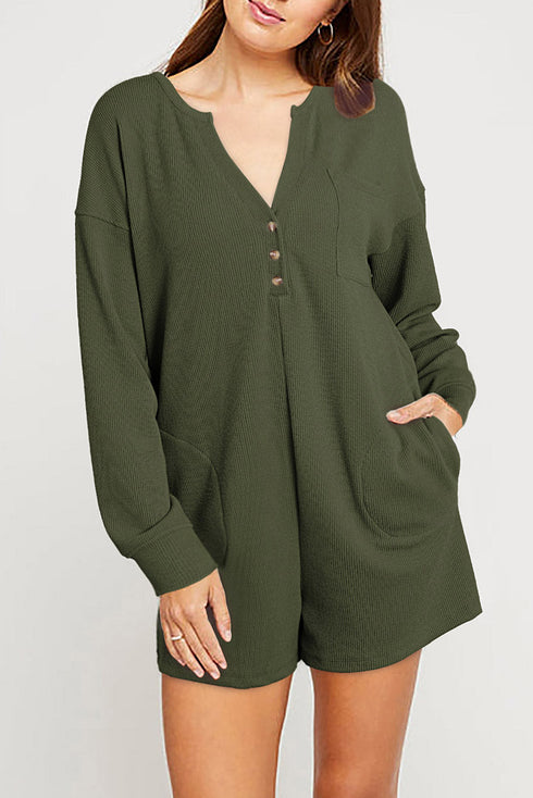 Brushed Ribbed Button Split V Neck Long Sleeve Romper